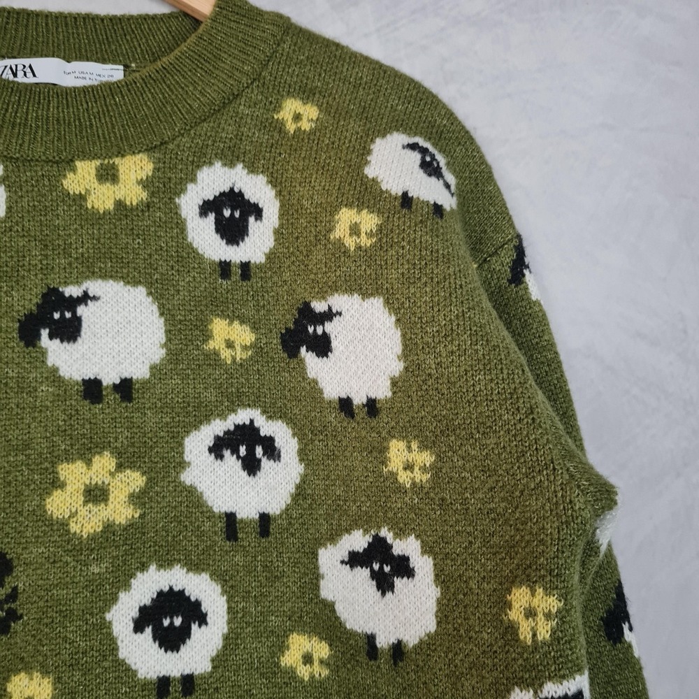 Zara Sweater Womens Medium Green Sheep Floral Graphic Knit Pullover Kawaii - Picture 3 of 16